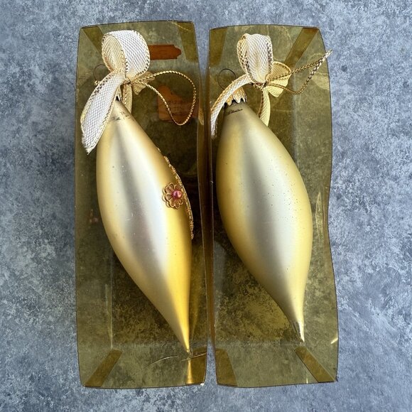 Vintage West Germany Gold Floral Glass Teardrop Christmas Ornaments 6” Set Of 2 - Picture 4 of 9